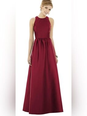 ALFRED SUNG Burgundy Halter Maxi Gown